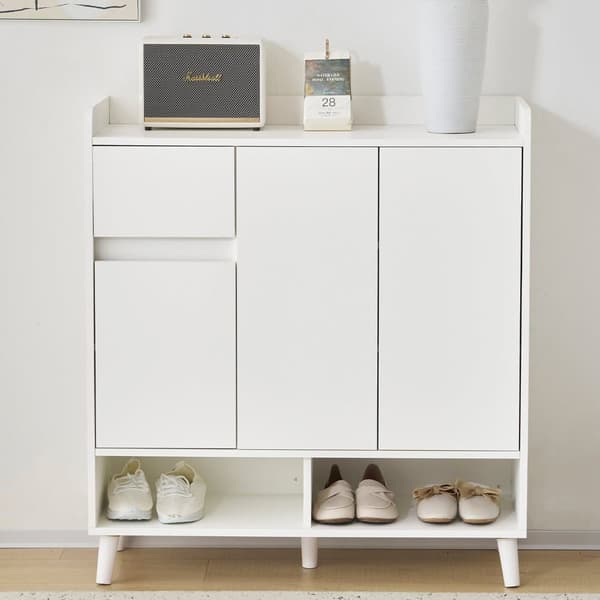 Skoskab med justerbare hylder – Minimalistisk opbevaring til entré med ben i massivt træ – 99x90x35 cm