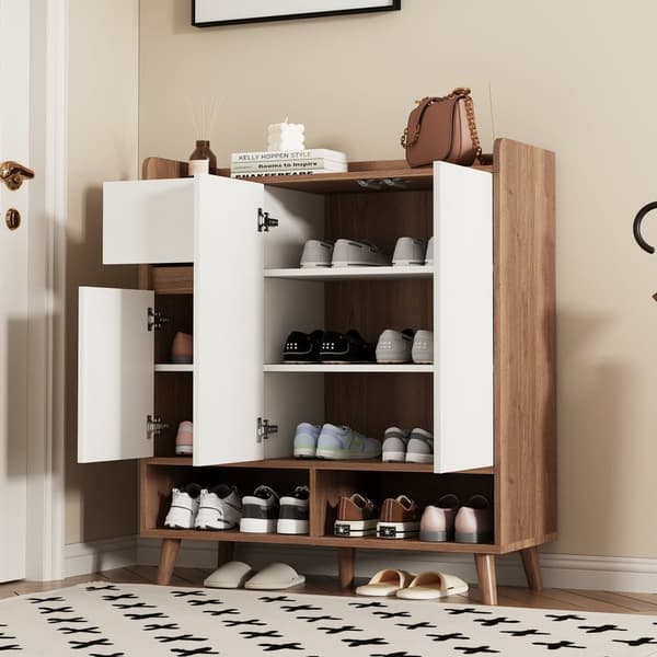 Kenkäkaappi / senkki / säilytyskaappi säädettävillä hyllyillä – Minimalistinen valkoinen allaskaappi massiivipuisilla jaloilla – 99x90x35 cm