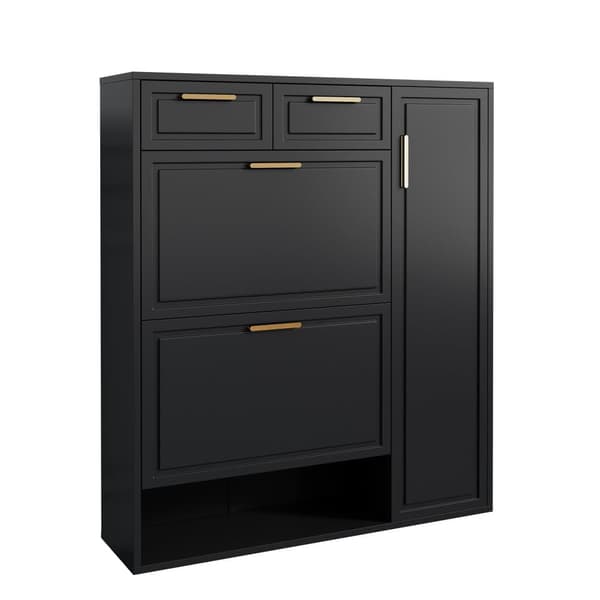 Moderne skoskab i sort med foldeopbevaring, justerbare hylder, skuffer og låger – guldfarvede greb – 95x24x107 cm