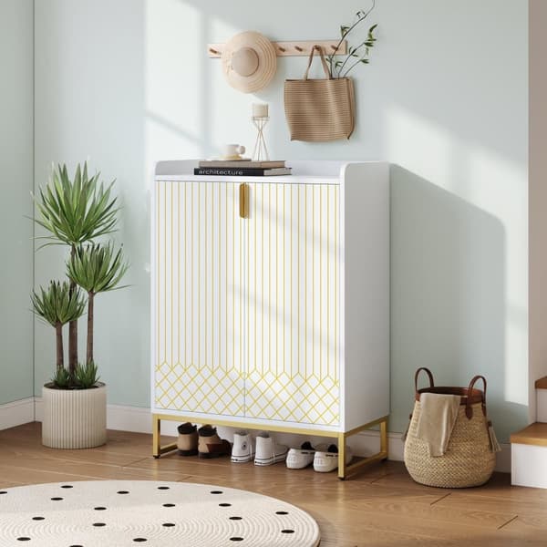 Moderne skoskab 75x37x105 cm - Metalfødder - Opbevaringsmøbler - Med 2 låger - Hvid