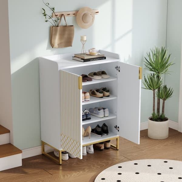 Moderne skoskab 75x37x105 cm - Metalfødder - Opbevaringsmøbler - Med 2 låger - Hvid