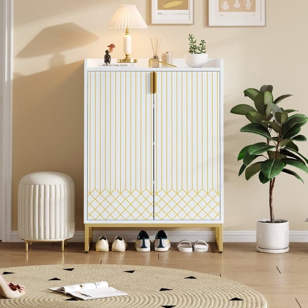 Moderne skoskab 75x37x105 cm - Metalfødder - Opbevaringsmøbler - Med 2 låger - Hvid