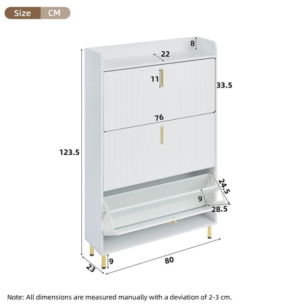 Skoskåp 80x23,5x123,5 cm - med 3 klaffar - med 6 justerbara fack - vitt