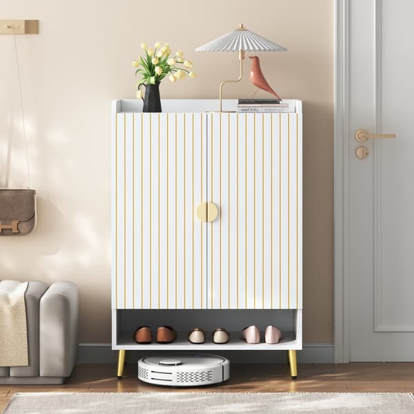 Skoskab 75 x 37 x 110 cm - Skohylde i 3 lag - Åben bundskuffe - Med 2 låger - Hvid