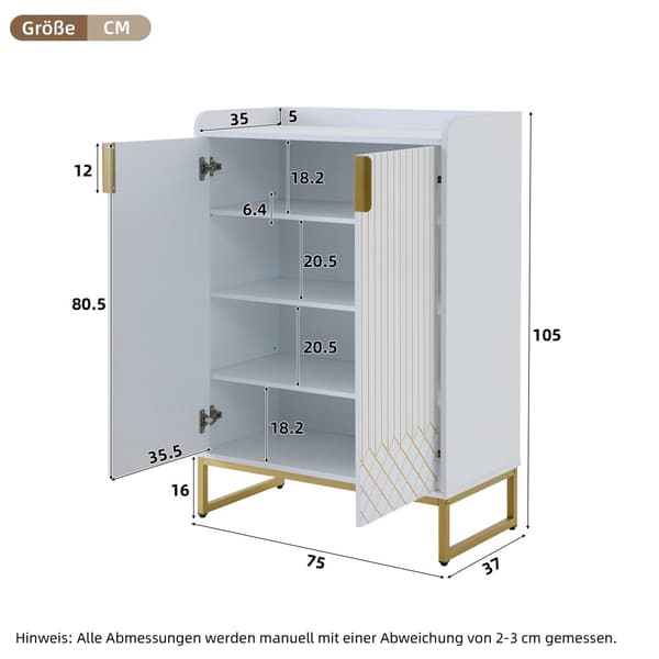 2 moderne hvide skoskabe med guldfarvede metalben og låger – Entré eller opbevaringsskab – 75x37x105 cm