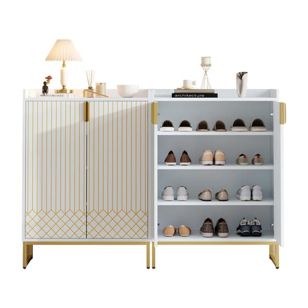 2 moderne hvide skoskabe med guldfarvede metalben og låger – Entré eller opbevaringsskab – 75x37x105 cm