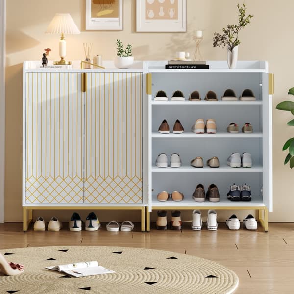 2 moderne hvide skoskabe med guldfarvede metalben og låger – Entré eller opbevaringsskab – 75x37x105 cm