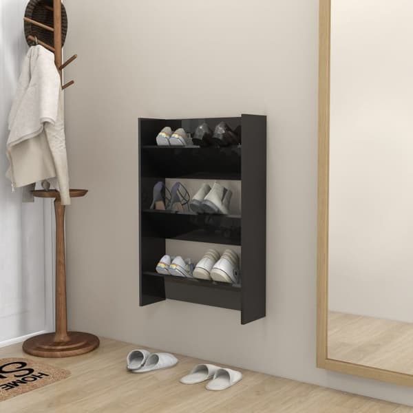 Väggmonterat skoställ svart högglans 60x18x90cm konstruerat trä