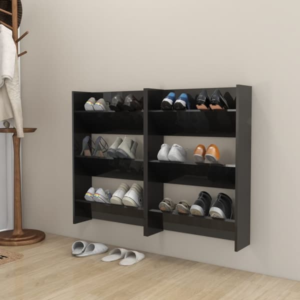 Väggmonterat skoställ 2st svart högglans 60x18x9 cm konstr. trä
