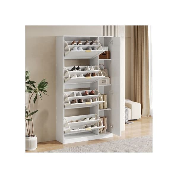 Modernt skoskåp med spegel, 4 fällbara fack, vit, dimensioner: L 80/H 147/T 24 cm