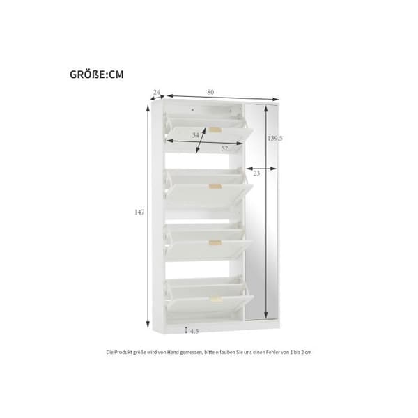 Modernt skoskåp med spegel, 4 fällbara fack, vit, dimensioner: L 80/H 147/T 24 cm