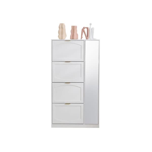 Modernt skoskåp med spegel, 4 fällbara fack, vit, dimensioner: L 80/H 147/T 24 cm