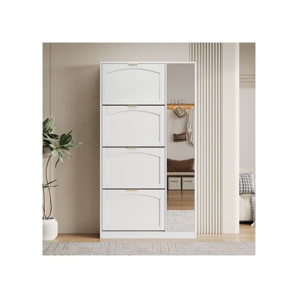 Modernt skoskåp med spegel, 4 fällbara fack, vit, dimensioner: L 80/H 147/T 24 cm