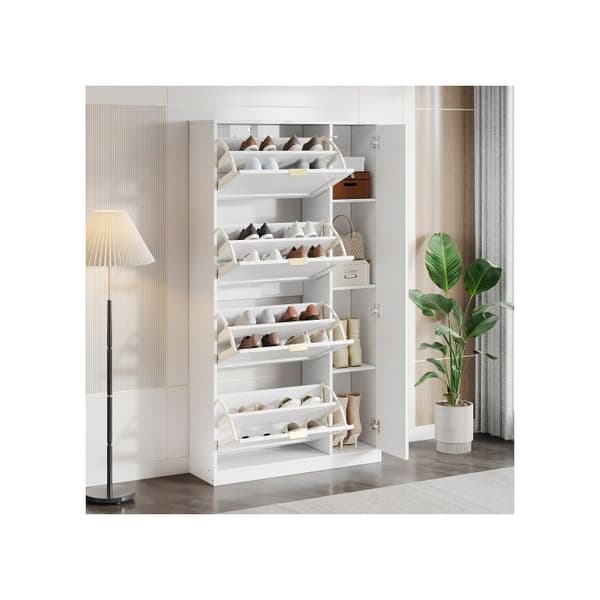 Modernt skoskåp med spegel, 4 fällbara fack, vit, dimensioner: L 80/H 147/T 24 cm