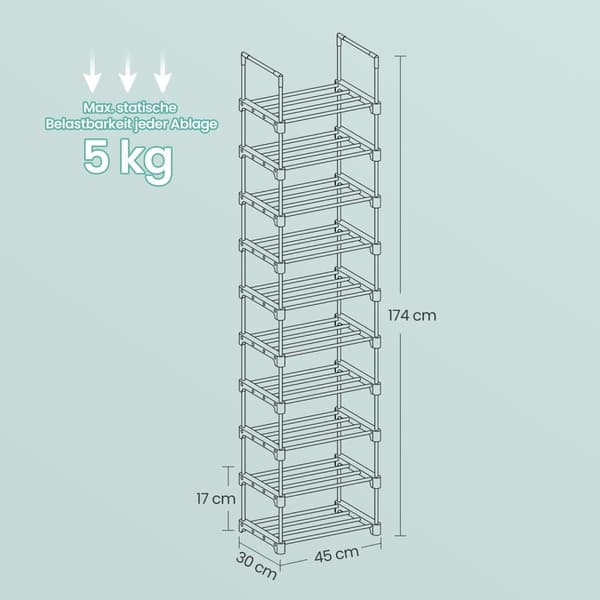 Rootz 10 Level Shoe Shelf - Open Shoe Cabinet - Smal Shos Stand - Space Saver - 45 cm x 30cm x 174 cm