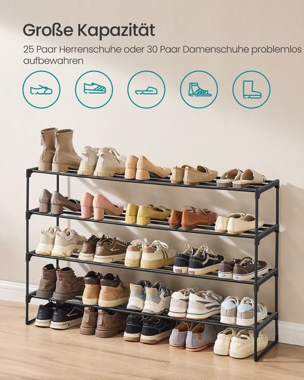Rootz 4 Level Shoe Shelf - Shoe Rack - Shoe Organizer - Håll 25-30 par - Metallrör - Plastanslutningar - 30 cm x 117 cm x 75 cm