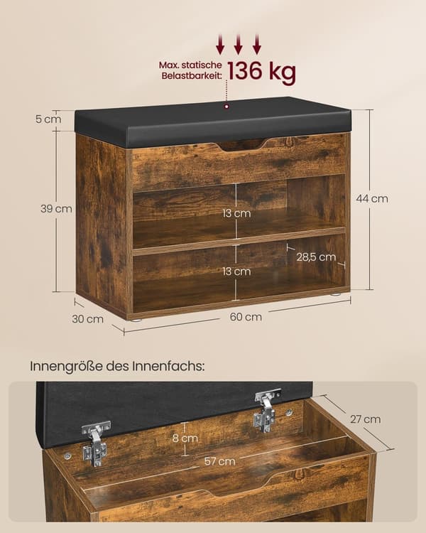 Rootz Shoe Bench - Storage Bench - Enträänijärjestelmä - Vintage Brown - 30 x 60 x 44 cm
