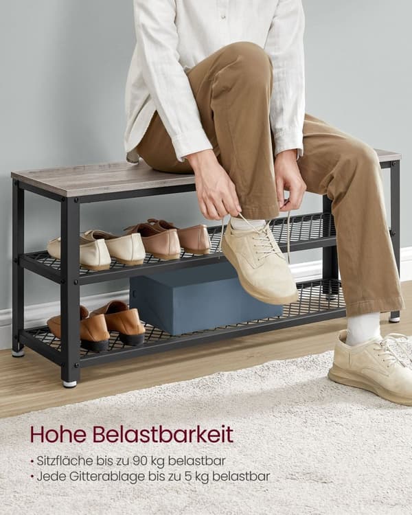 Rootz Shoe Bench - Jalkineiden järjestäjä - Kengän säilytys - 2 hilahyllyä - tukeva suunnittelu - 30 x 100 x 45 cm - harmaa -musta