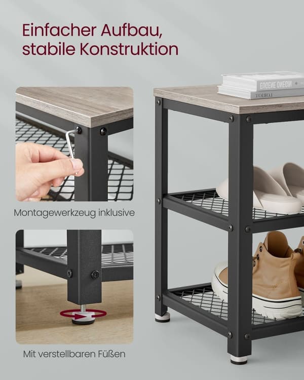 Rootz Shoe Bench - Jalkineiden järjestäjä - Kengän säilytys - 2 hilahyllyä - tukeva suunnittelu - 30 x 100 x 45 cm - harmaa -musta