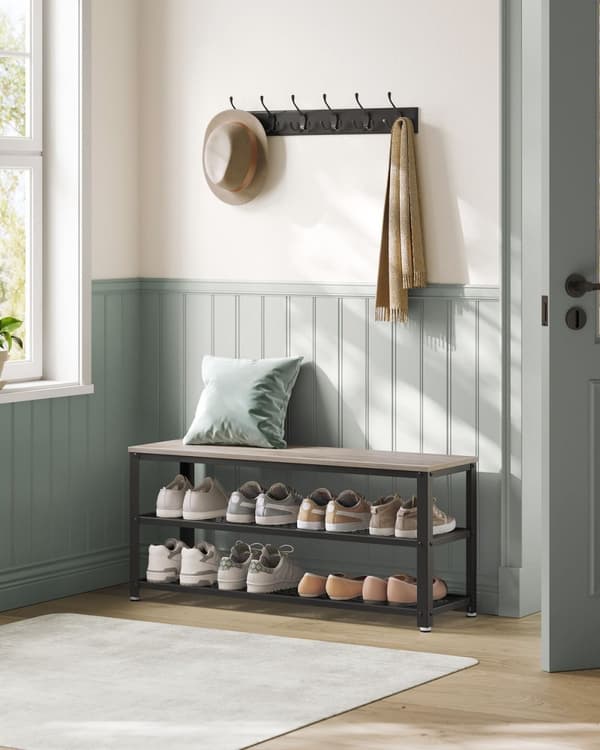 Rootz Shoe Bench - Jalkineiden järjestäjä - Kengän säilytys - 2 hilahyllyä - tukeva suunnittelu - 30 x 100 x 45 cm - harmaa -musta