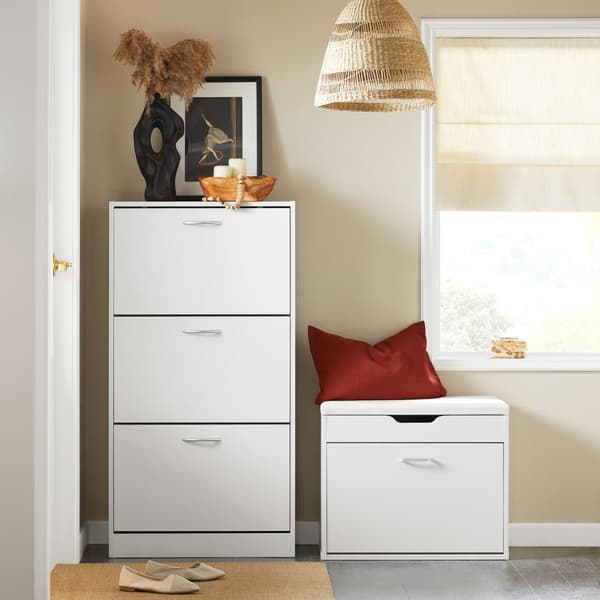 SoBuy Kapea Kenkäkaappi 3 Ovea – Valkoinen Säilytyskaappi Eteiseen 60x24x115cm FSR110-W