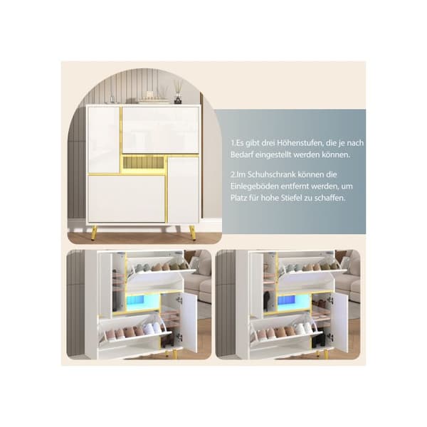 Modern skåp för skor, vitt skåp för skor med högblanka fronter och LED-ljus i 16 färger (80x25x96cm)