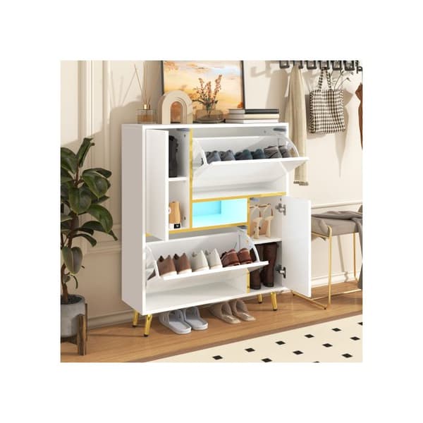 Modern skåp för skor, vitt skåp för skor med högblanka fronter och LED-ljus i 16 färger (80x25x96cm)