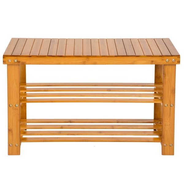Skoreol i træ med to hylder og bænk 70x28x45,5cm - brun