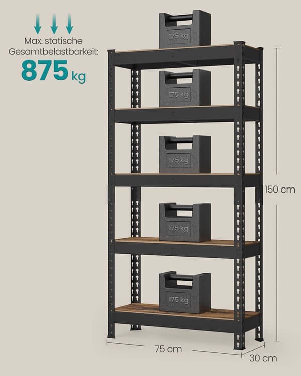 Robust hylla, SONGMICS GLR300E01, 30x75x150 cm, Svart