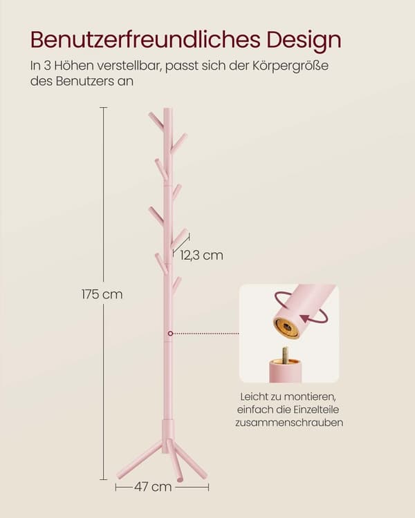 Klädhängare, VASAGLE RCR04WT, 47x47x175 cm, Pastellrosa