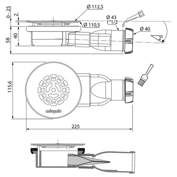 Badrör 90 mm - WIRQUIN - SLIM+ - Rostfri galler - Höjd 40 mm - Effektiv silikonomembran