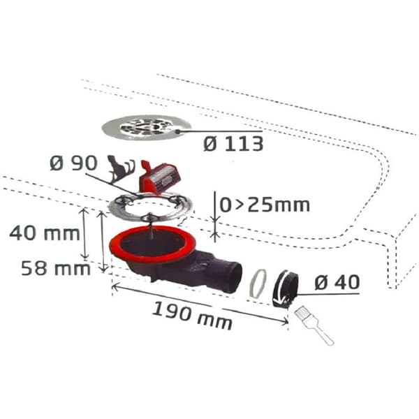 Badrör 90 mm - WIRQUIN - SLIM+ - Rostfri galler - Höjd 40 mm - Effektiv silikonomembran