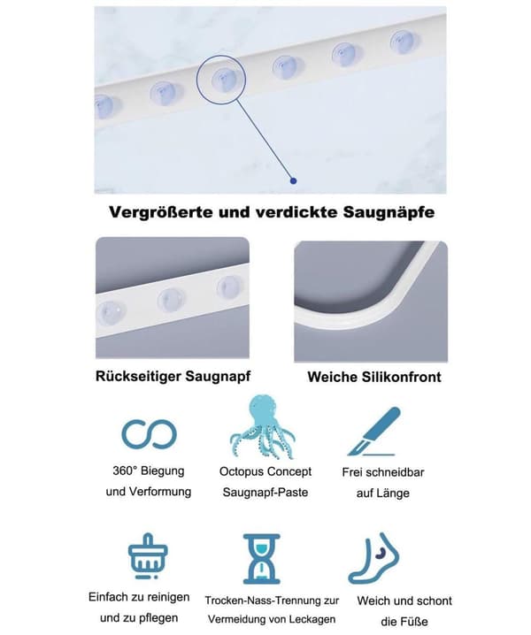 Lollanda Shower Threshold / Water Barrier – fleksibel silikonestrimmel med sugekopper, vandtæt brusebånd for at forhindre stænk