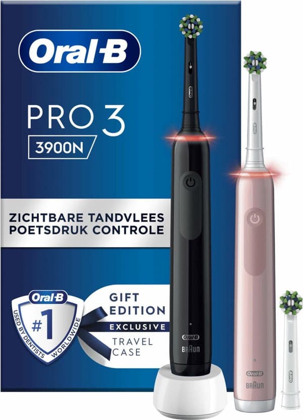 Oral-B PRO 3 3900 - Elektrisk tandbørste - Duo Sort + Pink