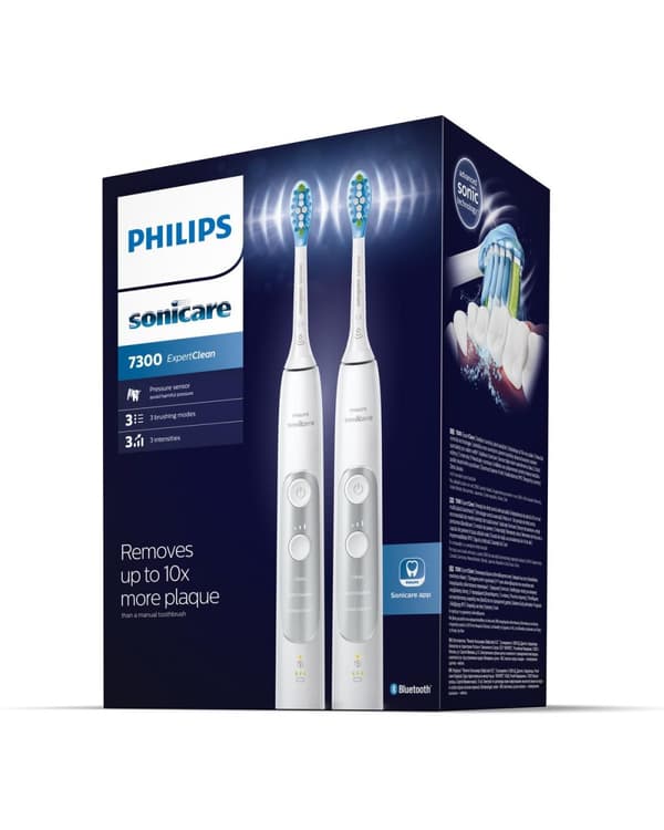 Philips HX9611/19 Expertclean 7300, vit, inkl. reseväska, dubbelpack elektrisk tandborste med ljudteknik, tryckkontroll (HX9611/19)