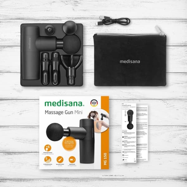 Medisana MG 150 Massage Gun Mini - 6 massagestykker, 5 vibrationsniveauer, USB-C, medfølger taske