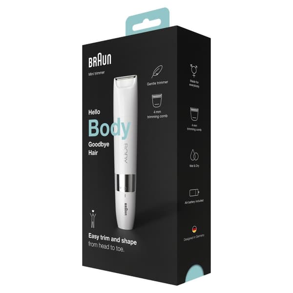 Braun Body BS1000 Minitrimmer, Elektrisk hårfjerning til kvinder og mænd - Hvid