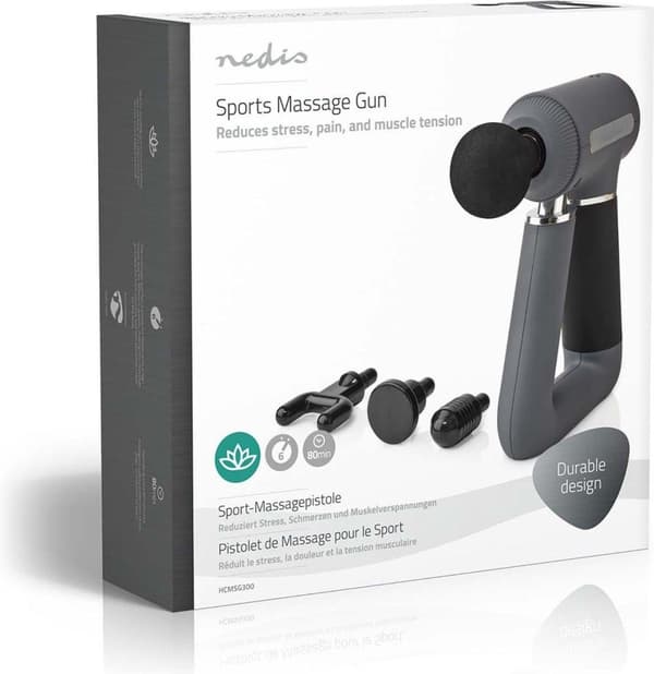 Nedis Sport Massage Gun | Akkukäyttöinen | Sisäänrakennettu litiumioni | Ladattava | 6 hierontatilaa | USB-kaapeli | harmaa