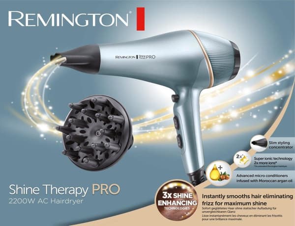 Remington hårtørrer, 2.200 watt effekt, 3 varmeindstillinger, 2 blæserindstillinger, AC-motor, ionfunktion (45683560100)