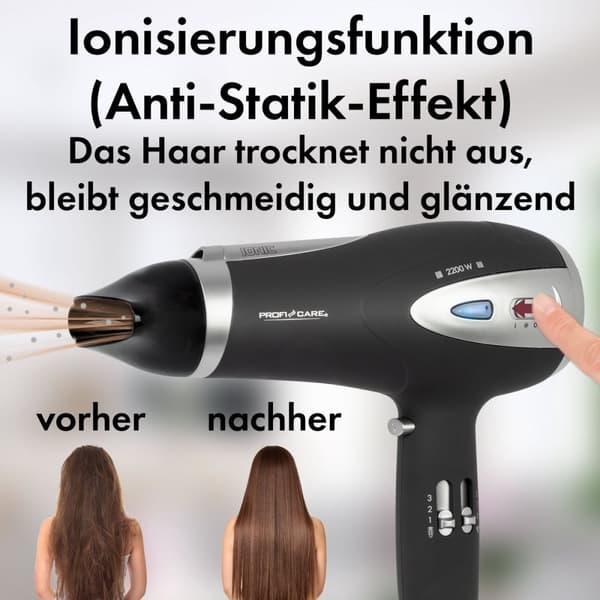 ProfiCare HTD 3113 - Hårmedicin med joniseringsfunktion och diffusor - Svart - 2200W