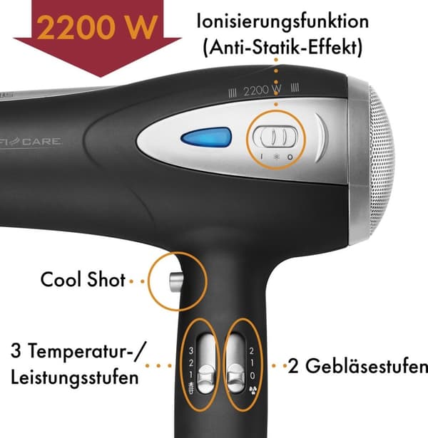 ProfiCare HTD 3113 - Hårmedicin med joniseringsfunktion och diffusor - Svart - 2200W