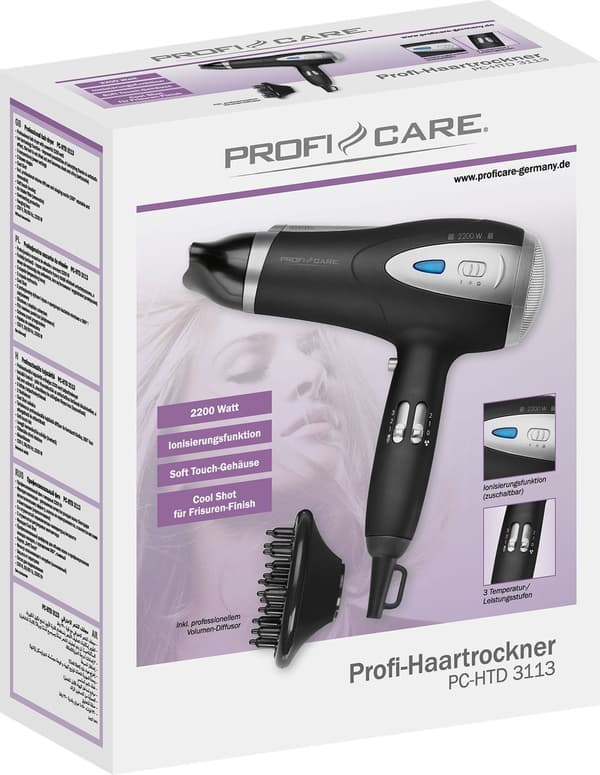 ProfiCare HTD 3113 - Hårmedicin med joniseringsfunktion och diffusor - Svart - 2200W