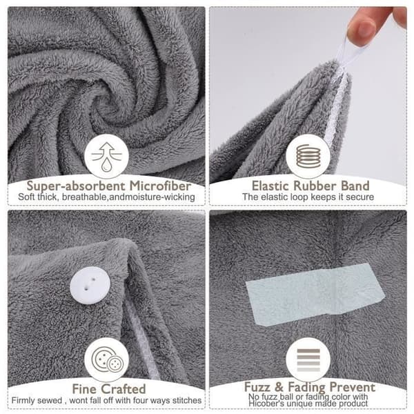 3-pack superabsorberande mikrofibertorkhandduk med knappar för torrt hår (grå, rosa, blå)