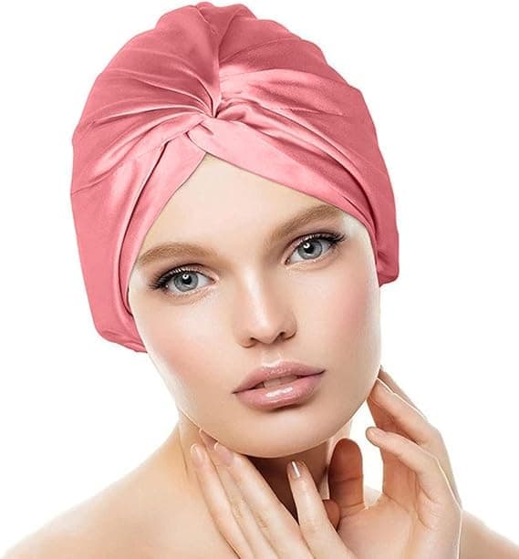 Luksus Satin Beanie 2-i-1 - Sleeping Beanie & Swim Beanie til langt og krøllet hår Mørkrosa