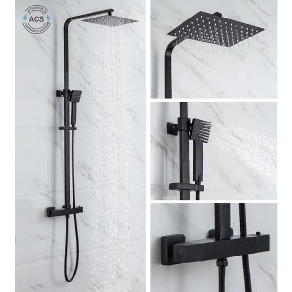 Duschpelare OCEANIC - Termostatblandare - High Rectangle Apple 30x20 cm - Matt Black