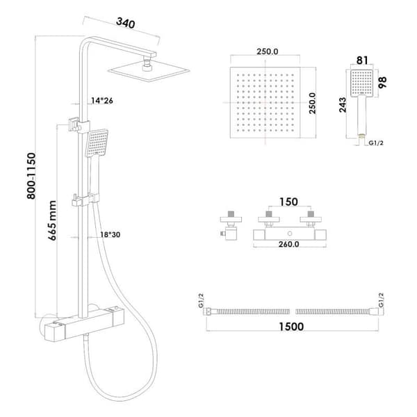 Duschset svart - med Regndusch 25cm - och Termostatkran