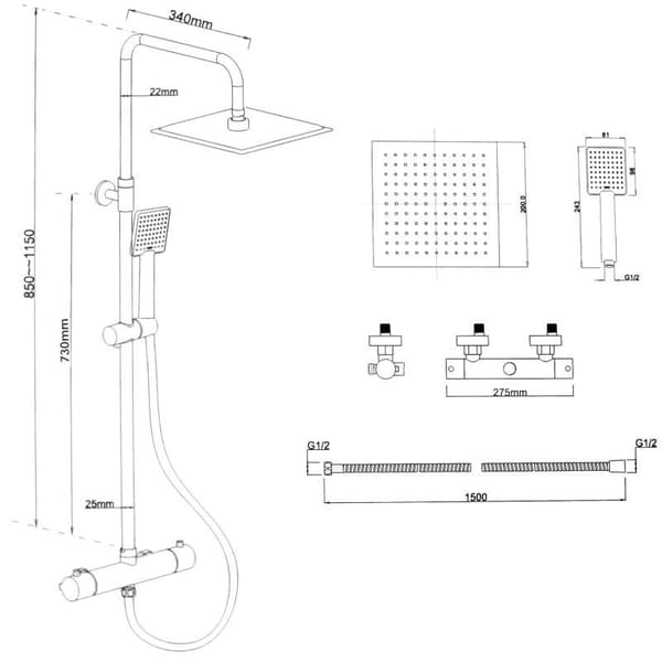 Takdusch - Duschset svart - med Regndusch 20cm - och Termostatkran