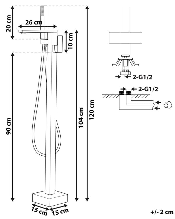 Badekarbatteri frittstående 120 cm gull moderne