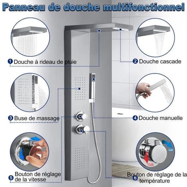 LZQ Regnduschpelare 304 Duschpanel i rostfritt stål, höjdjusterbar duschstång, Silver Duschsystem