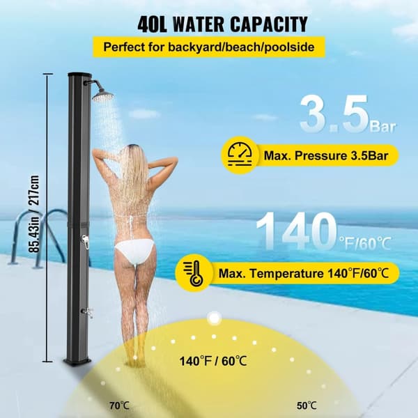 40L soluppvärmd utomhusdusch, stor vattenkapacitet, justerbar temperatur, 360° duschhuvud, hållbar konstruktion, enkel installation